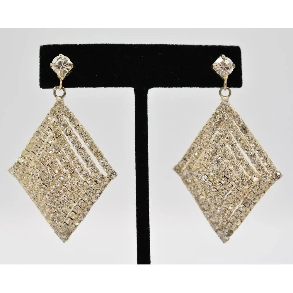 Vintage Crystal Earrings Dangle Prong Rhinestone Silver Sparkling 1990s 9L